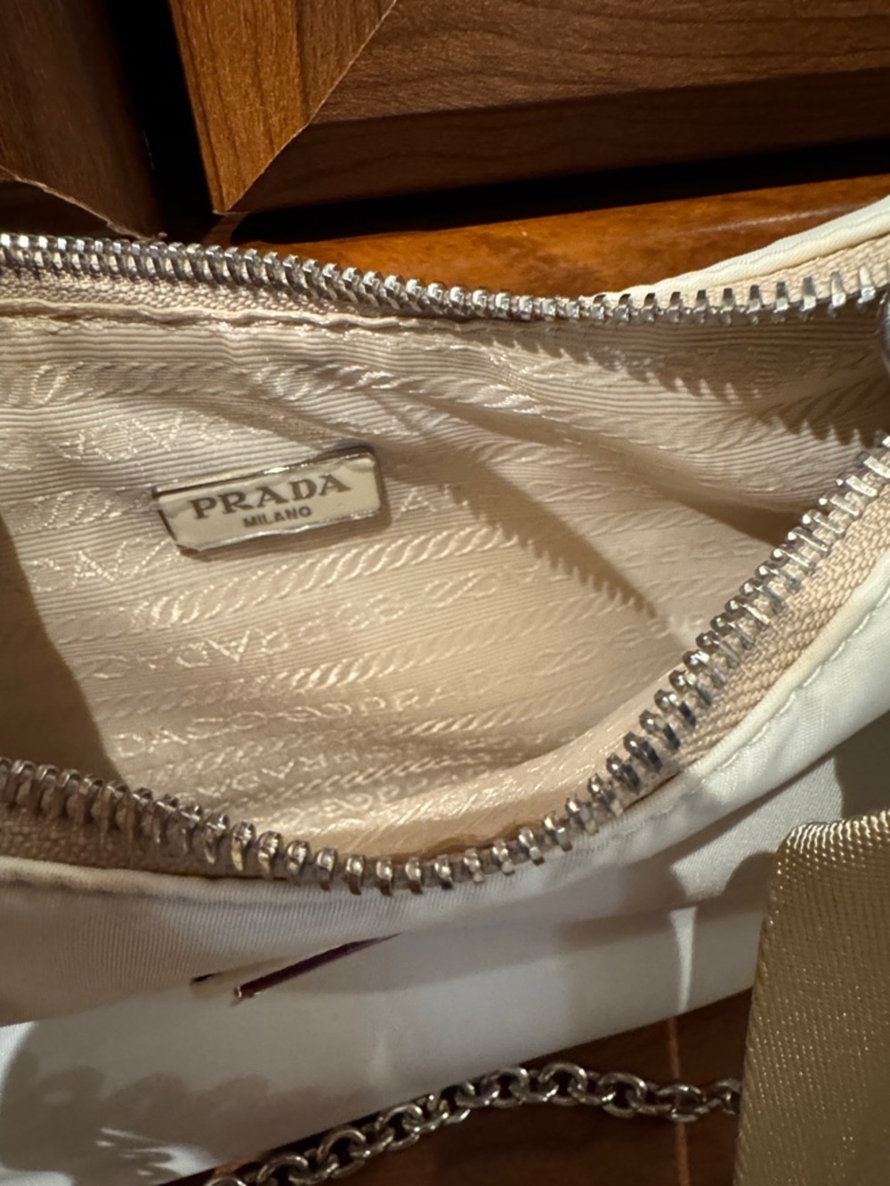 Prada  style Cream Nylon Shoulder Bag with Beige Webbing Strap - Picture 5 of 7